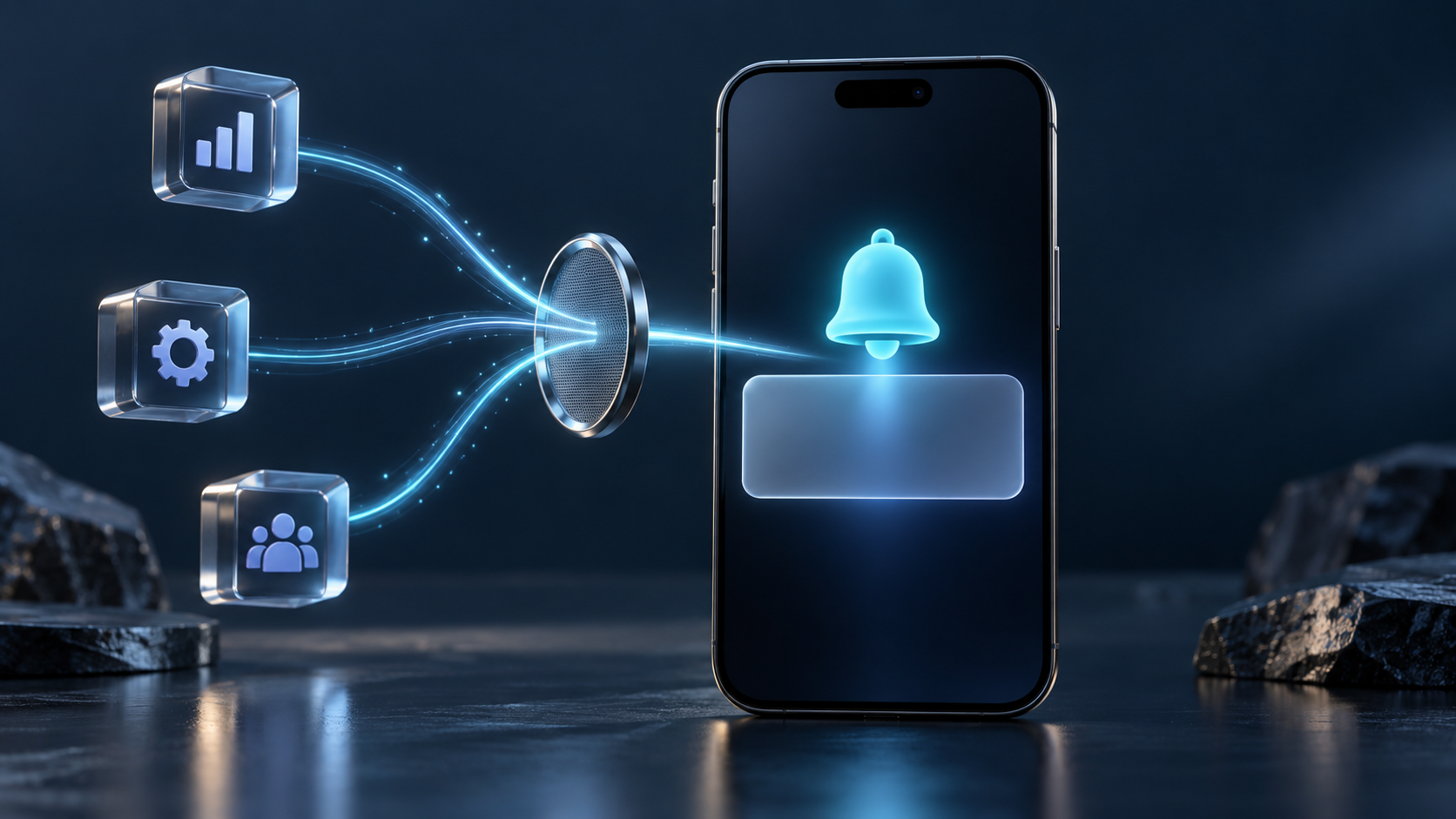 Üzleti mobilapp push értesítéseit jelképező telefon, türkiz csengő és szűrt üzleti események