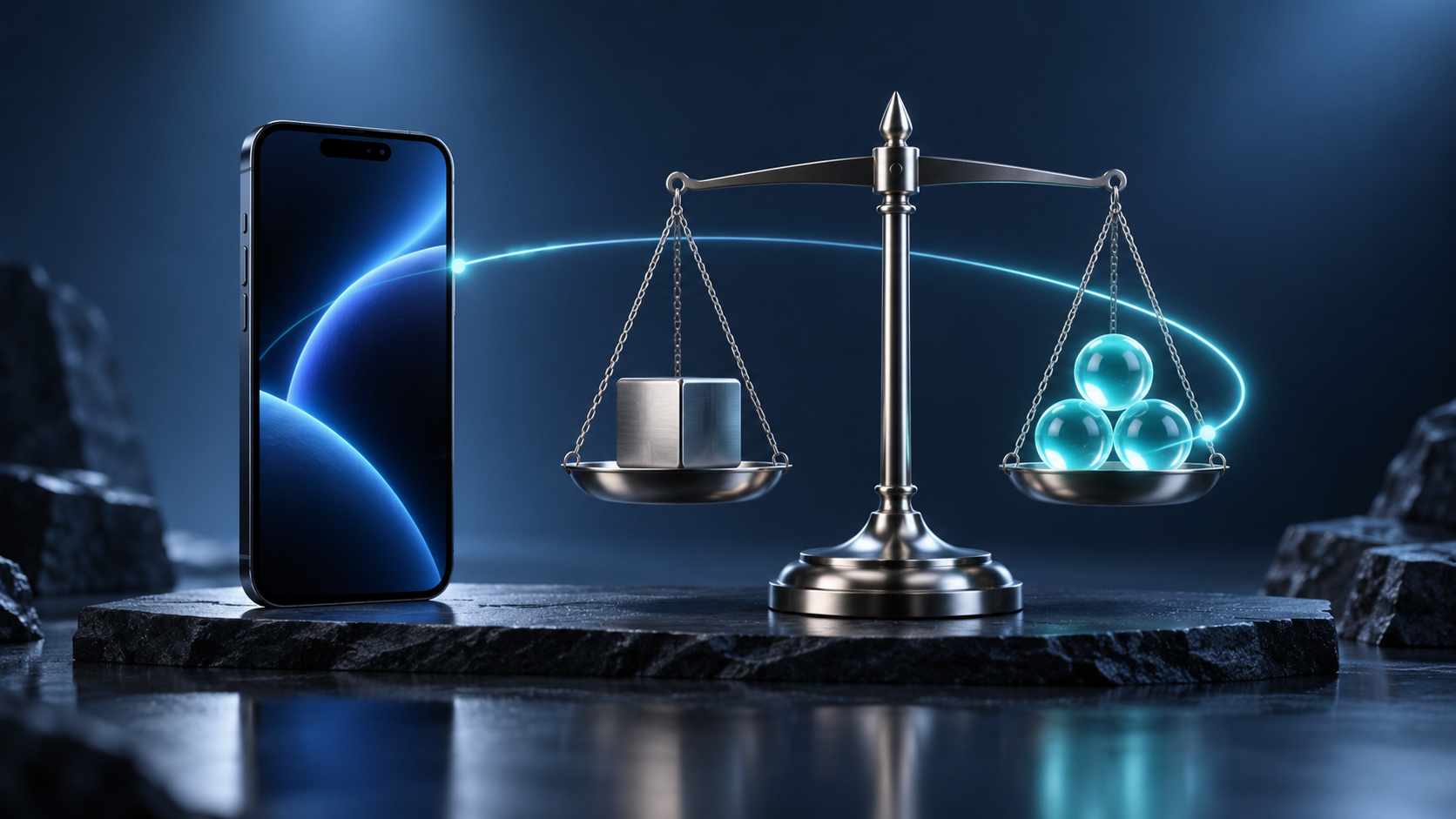 Mobilapp üzleti értékének mérését jelképező telefon és mérleg, befektetéssel és hasznos eredményekkel